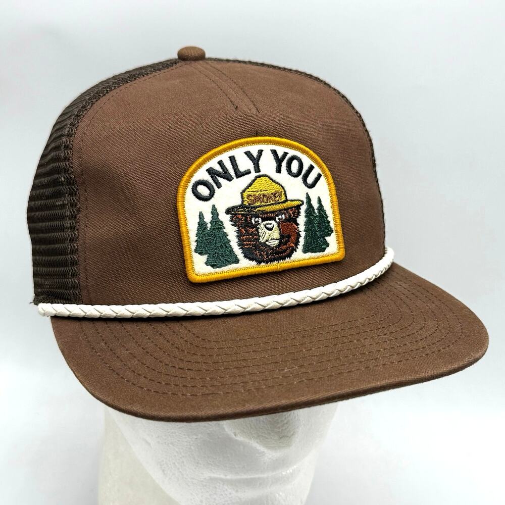Smokey the Bear Only You Patch Trucker Hat Brown Corded Baseball Cap Snapback